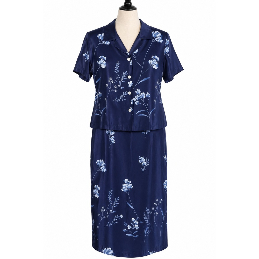 Vintage 90s Two Twenty Navy Floral 2 Piece Dress Set M Petite Cottagecore